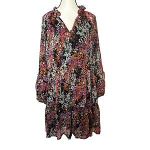 Vince Camuto Dress Womens Medium Floral Ruffle Tiered Chiffon Mini Pink Black